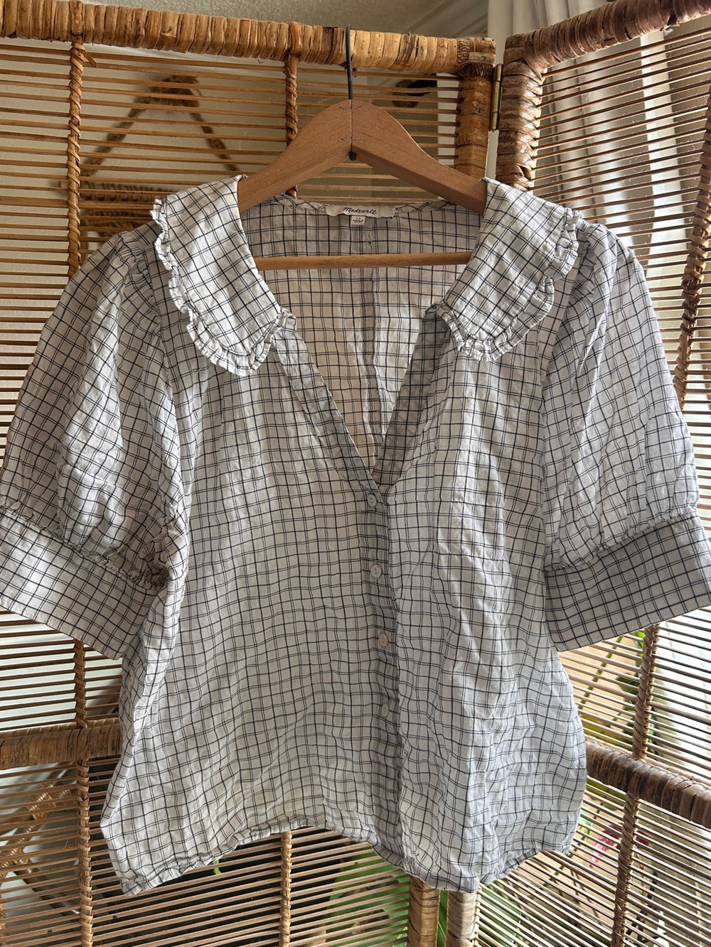 Madewell Grid Check Short Sleeve Button Up Shirt French peasant style size 12